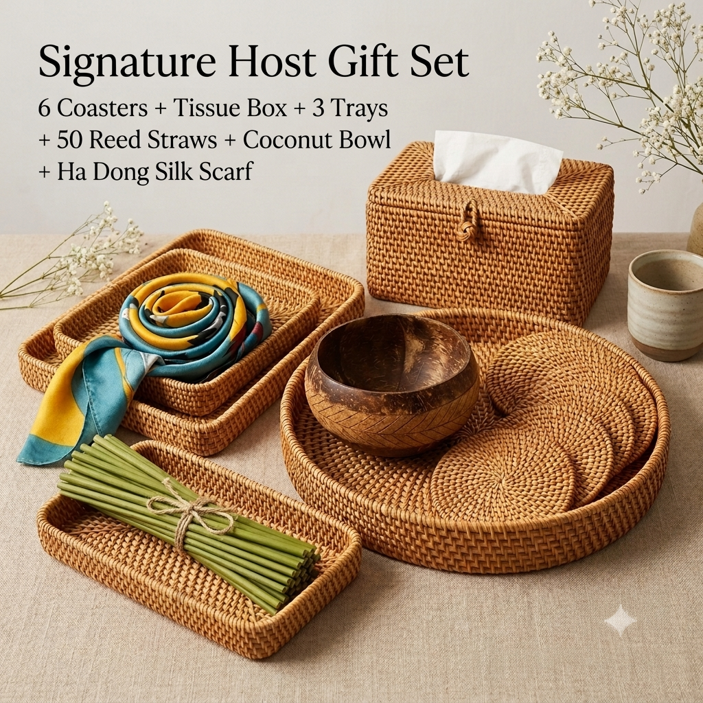 Host Gift Set – Woven Coasters, Trays, Reed Straws & Coconut Bowl